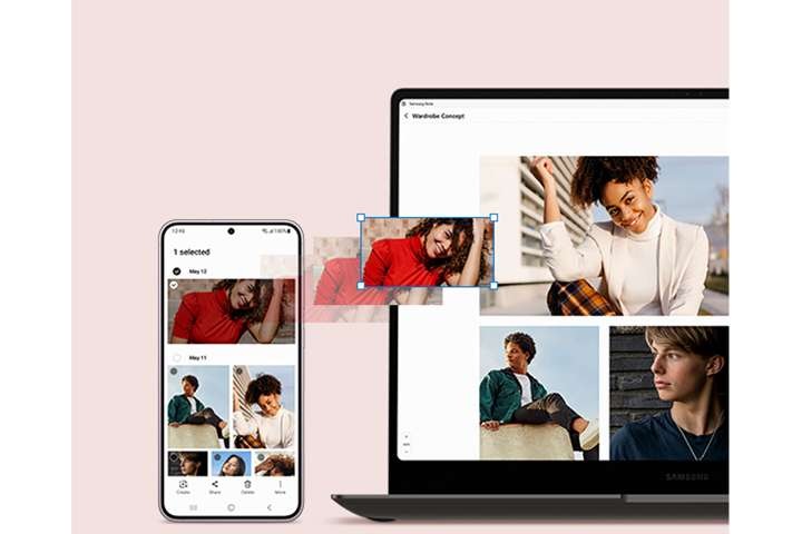 갤럭시 S23에서 갤러리 앱이 열려 있습니다. 그 옆에는 노트북이 있고, 화면에는 옷장 컨셉의 프리젠테이션이 열려 있습니다. 갤럭시 S23 갤러리 앱의 인물사진이 노트북 화면의 프레젠테이션에 드래그 앤 드롭되고 있습니다.