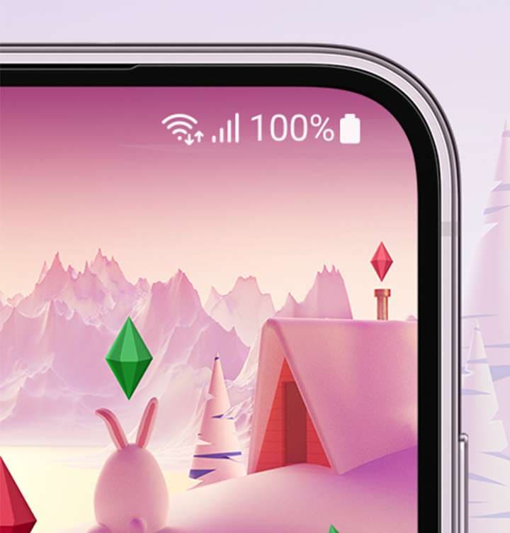 갤럭시 S23 화면에 게임이 실행되어 있으며, 배터리 지속시간이 넉넉함을 표현하는 모습입니다.