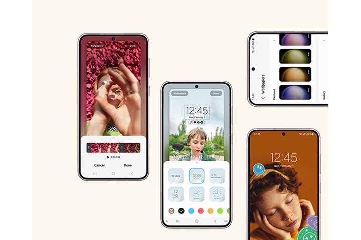 갤럭시 S23 4대가 정면을 향해 있습니다. 1대는 비디오 재생 편집을 위해 잠금 화면에서 비디오 편집기가 열려있습니다. 다른 1대는 시계 스타일 및 위치가 수정되고 있습니다. 다른 1대는 배경화면을 선택하고 있습니다. 나머지 1대는 스티커가 적용된 잠금화면이 맞춤 설정되어 있습니다.