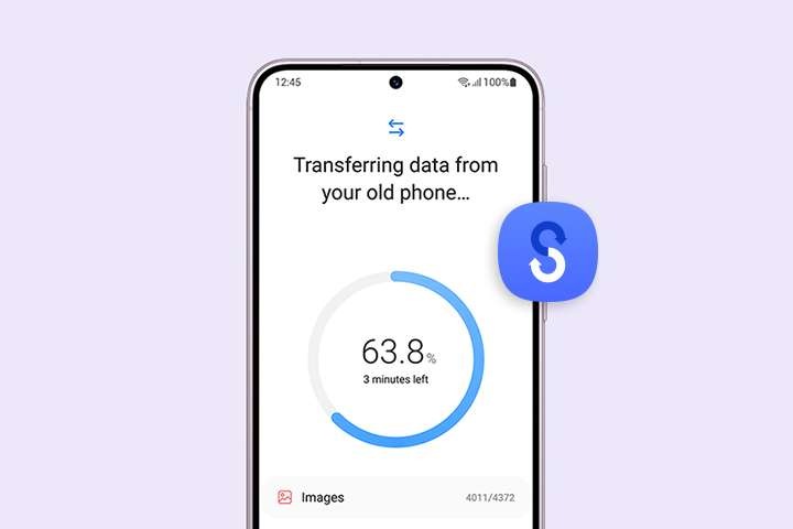 갤럭시 S23의 화면은 스마트 스위치 데이터 전송의 진행 바를 보여줍니다.