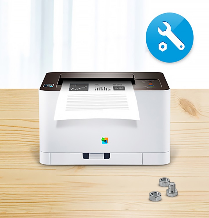 나무로 된 책상 위에 프린터 15도 위에서 내려본 이미지가 있으며 프린터 이미지 오른쪽 상단 부분에는 공구 아이콘이 있습니다. 이미지 하단에는 너트와 볼트가 널브러져 있는 이미지가 있습니다.