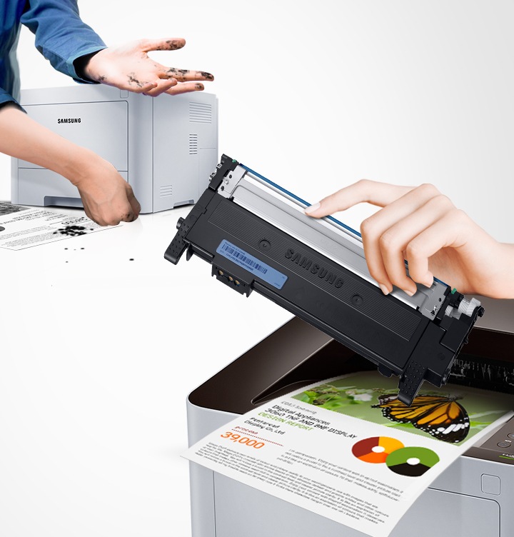 이미지 왼쪽 상단에는 비정품 제품를 사용하여 손에 잉크가 묻은 이미지가 있고 이미지 오른쪽 하단에는 프린터 오른쪽에서 내려본 이미지와 정품 제품을 손에 들고 있는 정면 이미지가 있습니다.