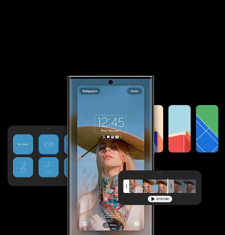 갤럭시 S23 Ultra가 잠금 화면이 풀린 상태에서 정면이 보여지고 있습니다. 알림 및 시계 스타일과 위치를 수정할 수 있고, 동영상을 적용할 수 있으며, 잠금 화면 설정을 통해 배경을 변경할 수 있습니다.