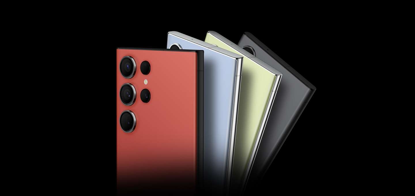 삼성닷컴 단독컬러인 레드, 스카이 블루, 라임, 그라파이트 컬러 각각의 갤럭시 S23 Ultra 뒷면이 펼쳐져 있습니다.