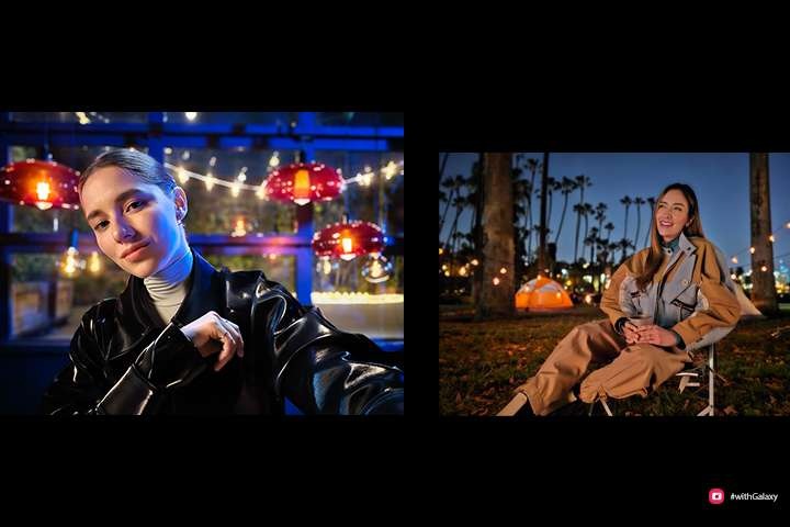 어둠속에서 한 여성이 셀피 촬영을 하고 있고, 한 여성은 어둠속에서 촬영하고 있는 모습입니다.