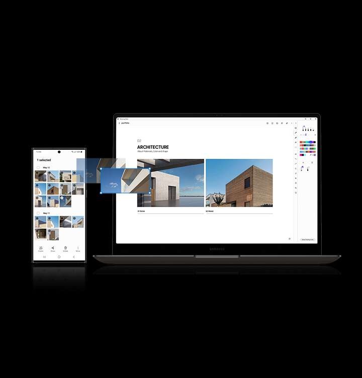 갤럭시 S23 Ultra에서 갤러리 앱이 열려 있습니다. 그 옆에는 노트북이 있고, 화면에는 아키텍처 프리젠테이션이 열려 있다. 갤럭시 S23 Ultra 갤러리 앱의 사진이 노트북 화면의 프레젠테이션에 드래그 앤 드롭되고 있다.