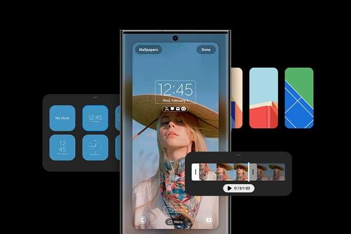 갤럭시 S23 Ultra가 잠금 화면이 풀린 상태에서 정면이 보여지고 있습니다. 알림 및 시계 스타일과 위치를 수정할 수 있고, 동영상을 적용할 수 있으며, 잠금 화면 설정을 통해 배경을 변경할 수 있습니다.