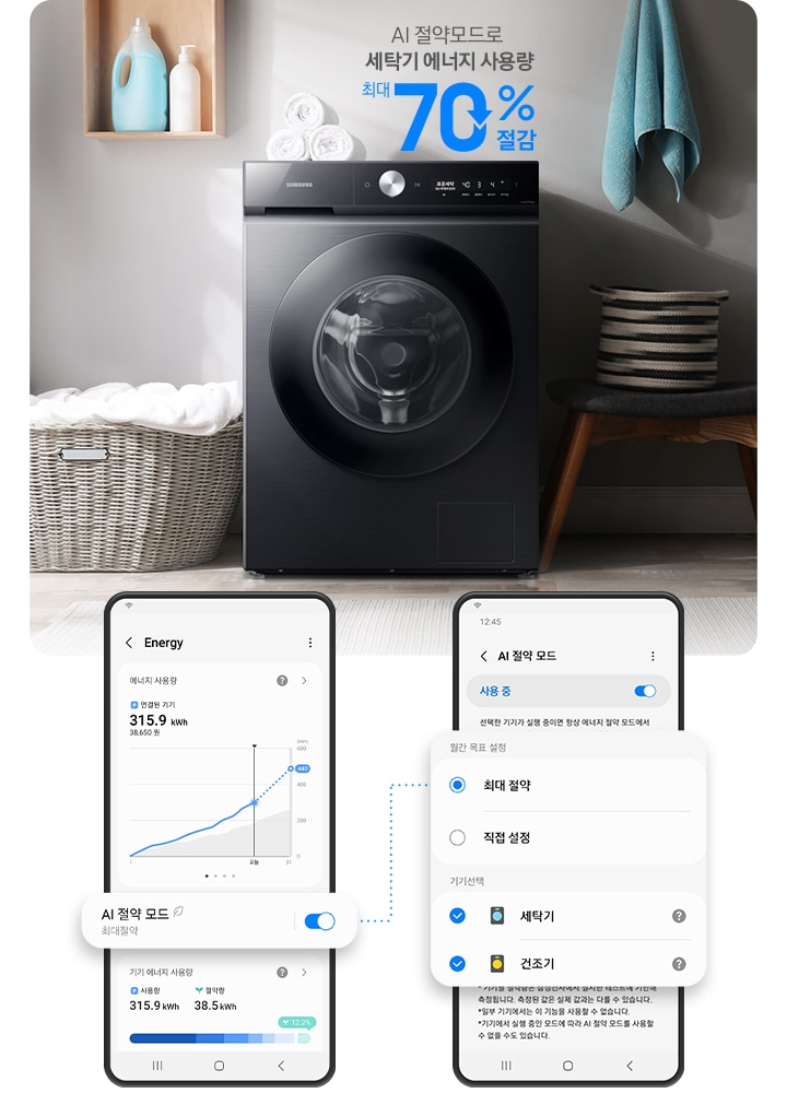 SmartThings를 통해서 AI 절약모드 설정하면 에코버블로 높은 세탁력은 유지