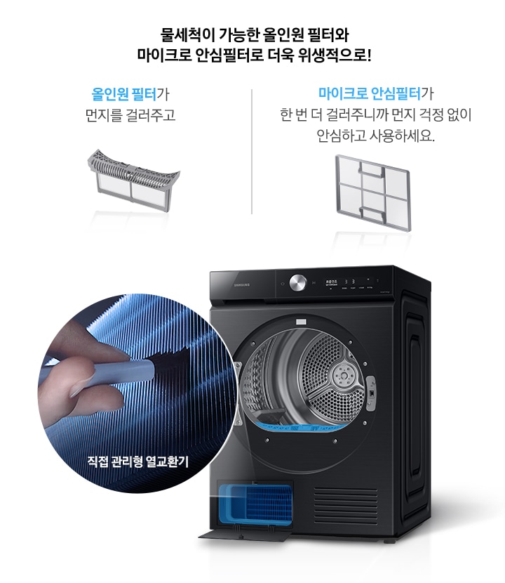 제품 내부 올인원 필터의 기능과 제품 하단 열교환기, 마이크로 안심필터에 대해 보여주고 있습니다.