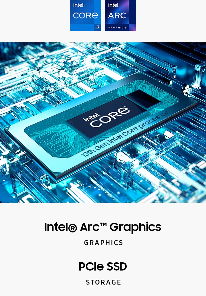 메인보드 안에 연출된 CPU의 연출 이미지가 있습니다. CPU에는 intel® Core™라는 텍스트가 중앙에 있습니다. 하단에는 인텔 Xe 그래픽, UHD, ARC 그래픽, PCIe SSD 스토리지라는 텍스트가 쓰여 있으며, 상단에는 인텔 코어 i7 로고와 인텔 인사이드, 인텔 ARC 그래픽 로고가 표시되어 있습니다.