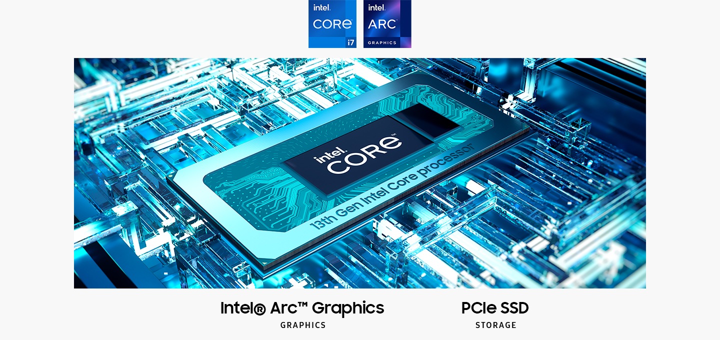 메인보드 안에 연출된 CPU의 연출 이미지가 있습니다. CPU에는 intel® Core™라는 텍스트가 중앙에 있습니다. 하단에는 인텔 Xe 그래픽, UHD, ARC 그래픽, PCIe SSD 스토리지라는 텍스트가 쓰여 있으며, 상단에는 인텔 코어 i7 로고와 인텔 인사이드, 인텔 ARC 그래픽 로고가 표시되어 있습니다.