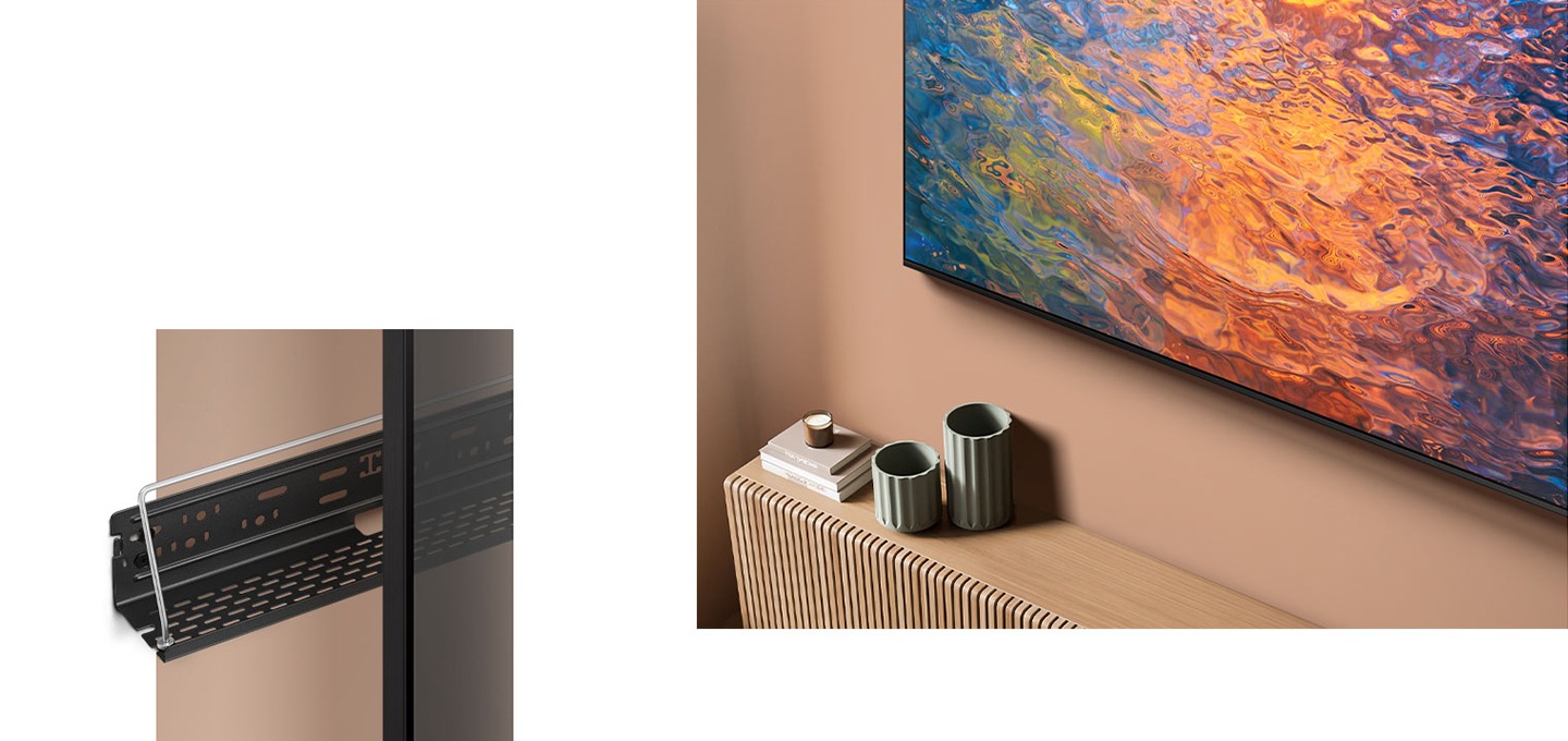 우측에는 The Tray가 TV 뒷면으로 들어가있는 모습이 보여지고 있으며, 좌측에는 TV 하단으로 선이나 지저분한 물건 없이 깔끔하게 설치되어 있는 TV의 모습이 보입니다.