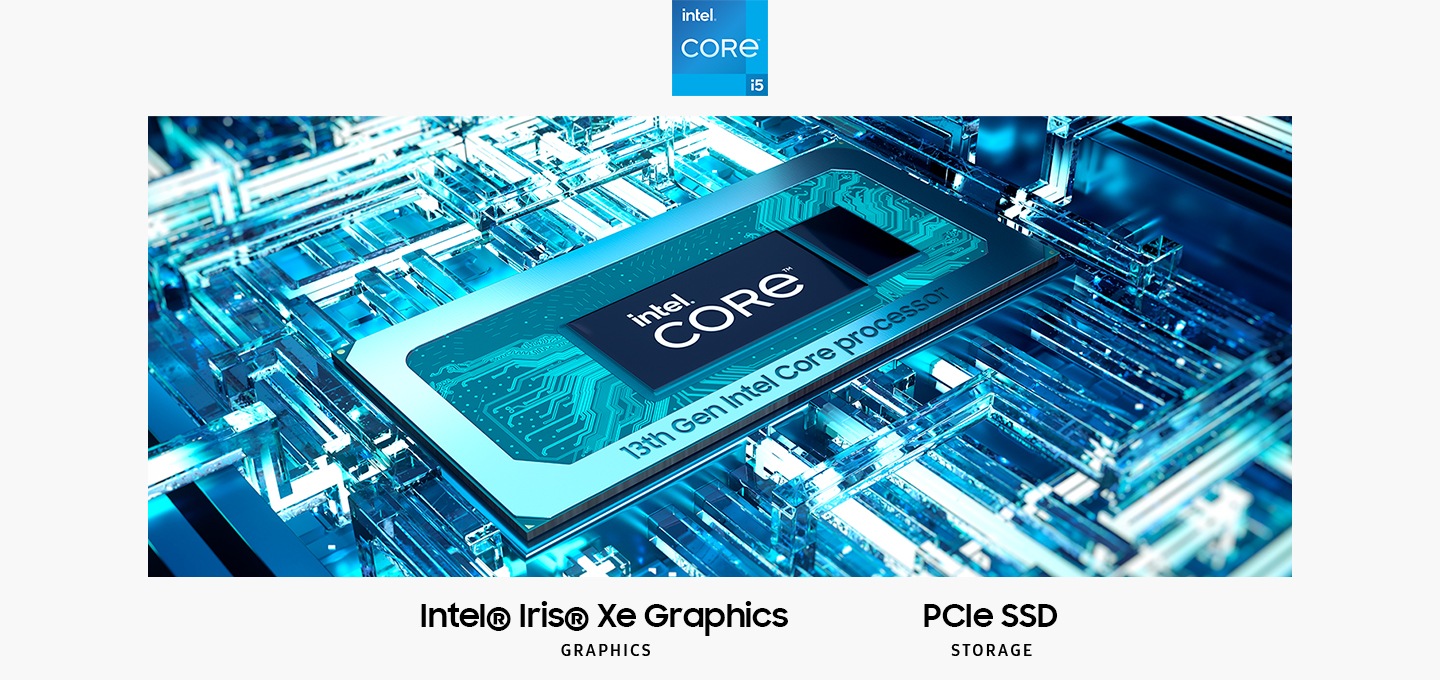 메인보드 안에 연출된 CPU의 연출 이미지가 있습니다. CPU에는 intel® Core™라는 텍스트가 중앙에 있습니다. 하단에는 인텔 Xe 그래픽, UHD, ARC 그래픽, PCIe SSD 스토리지라는 텍스트가 쓰여 있으며, 상단에는 인텔 코어 i5 로고와 인텔 인사이드, 인텔 ARC 그래픽 로고가 표시되어 있습니다.