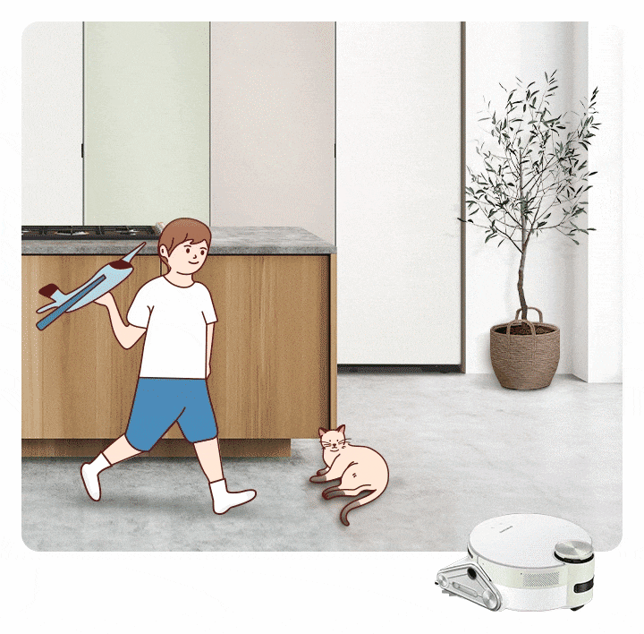 우드 패널 주방 앞에 남자 아이가 뛰어오고 있고 그 옆에 고양이가 누워 있습니다. 오른쪽 벽에는 키가 큰 나무 화분이 보이고  오른쪽 하단의 제트봇 AI가 파란색 레이져로 사물을 감지하고 있는 모습이 표현되어 있습니다.