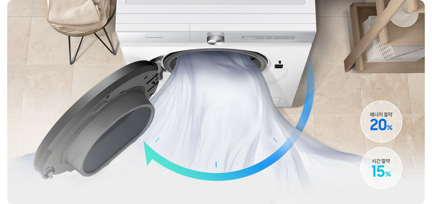 다용도실 공간에 도어가 열린 10kg 건조기가 있으며, 건조기 안에서 흰천이 나오고 모습 연출한 이미지입니다. 이미지 우측에서는 에너지 절약 20% 문구와 시간 절약 15% 문구있습니다.