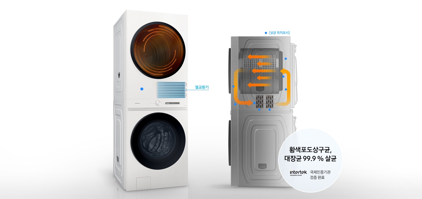 건조기 제품과 열교환기 내부의 모습을 보여주고 있습니다. 열풍 내부 살균 기능을 통해 살균 되는 위치까지 표시해주고 있습니다.