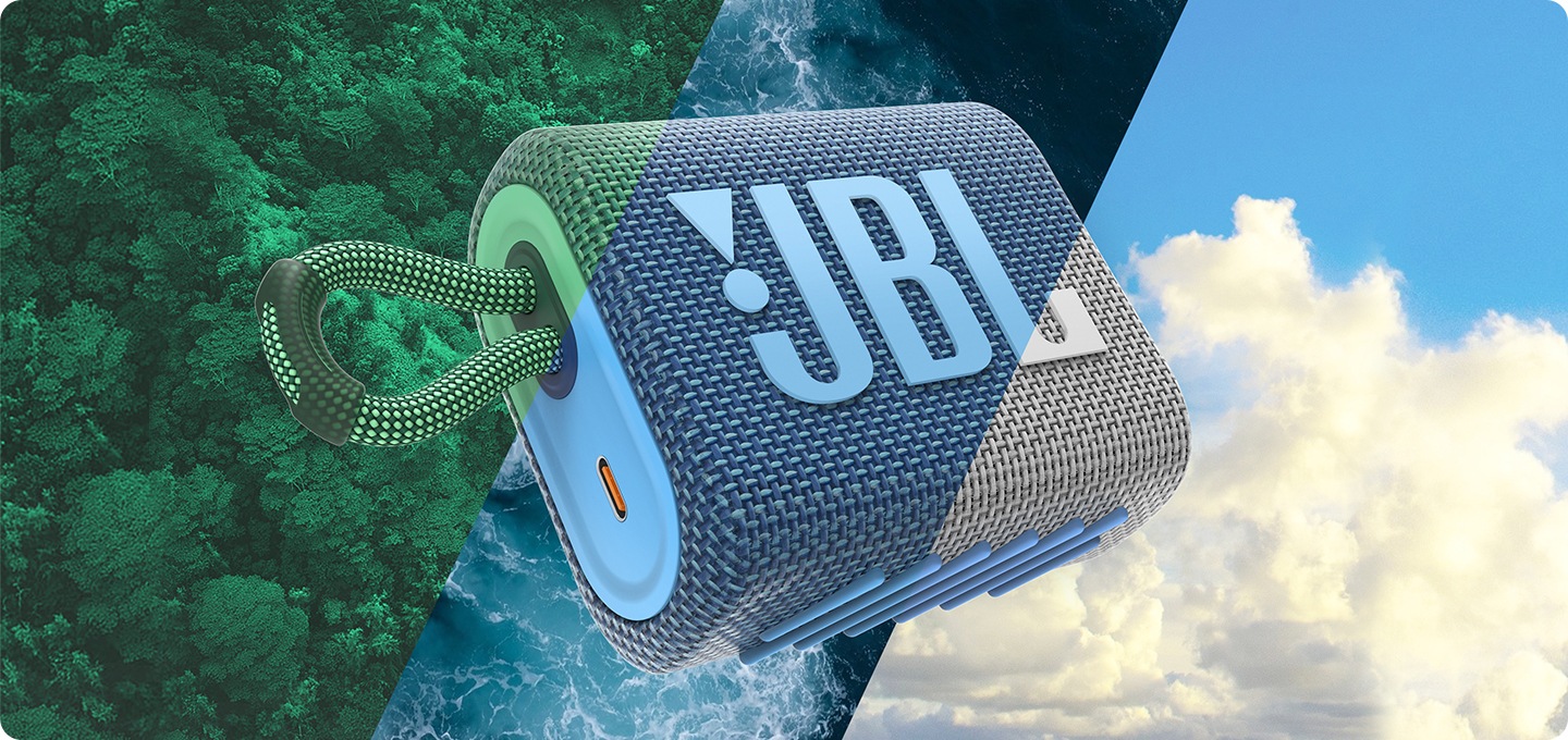 재활용 소재로 제작된 JBL GO 3 ECO 로고와 함께 클립형 디자인을 보여주는 이미지입니다.