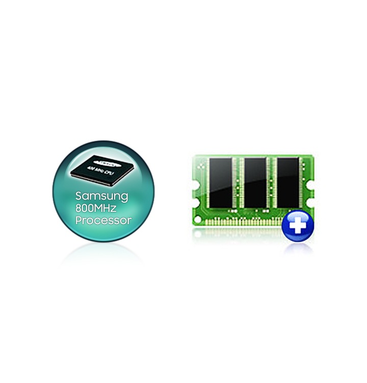 이미지 왼쪽 부분에는 Samsung 800MHz Processor 텍스트가 동그란 원 안에 적혀 있으며 이미지 오른쪽에는 복잡한 회로의 모습을 보여주는 이미지 입니다. 회로 이미지 오른쪽 하단에는 플러스 모양의 아이콘이 파란색 원 안에 그려져 있습니다.