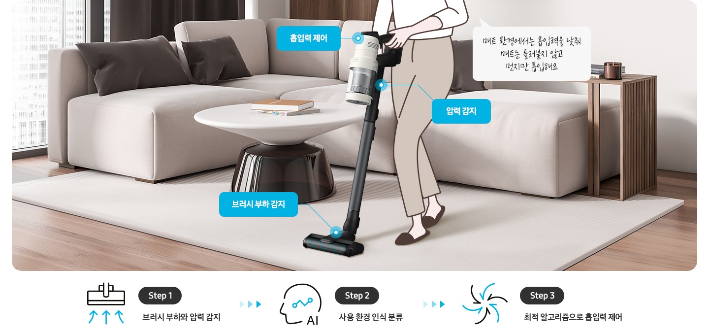 아이보리톤의 매트가 깔린 거실 좌측으로 통창이 보이고, 베이지 톤의 소파 위에는 진한 갈색의 쿠션들이 놓여져 있습니다. 그 앞에 둥그런 테이블 위 책이 두 권 쌓여있고,  오른쪽으로는 원목 사이드 테이블이 보입니다. 그 앞에 BESPOKE 제트로 청소중인 모습이 보입니다.