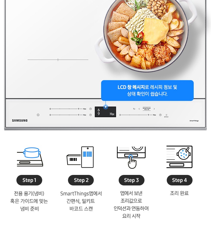 좌측에는 BESPOKE 인덕션 빌트인 (플렉스) 글램 화이트 색상의 조작부와 우측 화구영역까지의 제품이미지가 있고 그 위로 냄비에 부대찌개가 들어 있습니다. 아래 조작부에는 LCD 창 메시지로 레시피 정보 및 상태 확인이 쉽습니다. 라는 안내 문구가 있습니다.  우측에는 총 4단계의 조리과정을 설명하는 아이콘과 텍스트가 있습니다.  Step 1 인덕션 위 쿡팟이 올라간 아이콘 이미지와 쿡팟 준비 텍스트  Step 2 밀키트 바코드 부분과 스마트폰으로 찍은 바코드 아이콘 이미지와 SmartThings앱에서 간편식, 밀키트 바코드 스캔 텍스트  Step 3 인덕션 조작부를 손으로 클릭하는 아이콘 이미지와 앱에서 보낸 조리값으로 인덕션과 연동하여 요리 시작 텍스트  Step 4인덕션 위에 조리된 쿡팟이 있는 아이콘 이미지와 조리 완료 텍스트