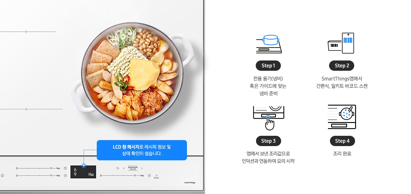좌측에는 BESPOKE 인덕션 빌트인 (플렉스) 글램 화이트 색상의 조작부와 우측 화구영역까지의 제품이미지가 있고 그 위로 냄비에 부대찌개가 들어 있습니다. 아래 조작부에는 LCD 창 메시지로 레시피 정보 및 상태 확인이 쉽습니다. 라는 안내 문구가 있습니다.  우측에는 총 4단계의 조리과정을 설명하는 아이콘과 텍스트가 있습니다.  Step 1 인덕션 위 쿡팟이 올라간 아이콘 이미지와 쿡팟 준비 텍스트  Step 2 밀키트 바코드 부분과 스마트폰으로 찍은 바코드 아이콘 이미지와 SmartThings앱에서 간편식, 밀키트 바코드 스캔 텍스트  Step 3 인덕션 조작부를 손으로 클릭하는 아이콘 이미지와 앱에서 보낸 조리값으로 인덕션과 연동하여 요리 시작 텍스트  Step 4인덕션 위에 조리된 쿡팟이 있는 아이콘 이미지와 조리 완료 텍스트