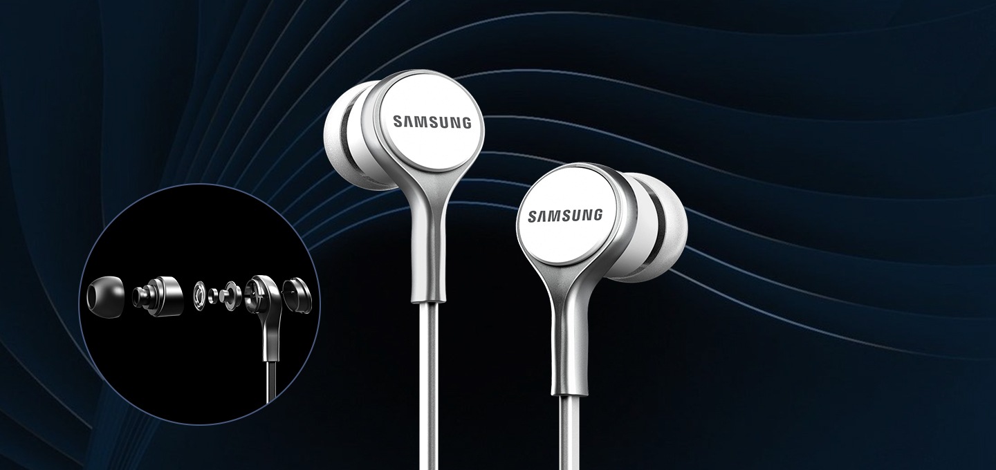 삼성 유선 이어폰의 내부 구성 이미지를 보여주고 있습니다.