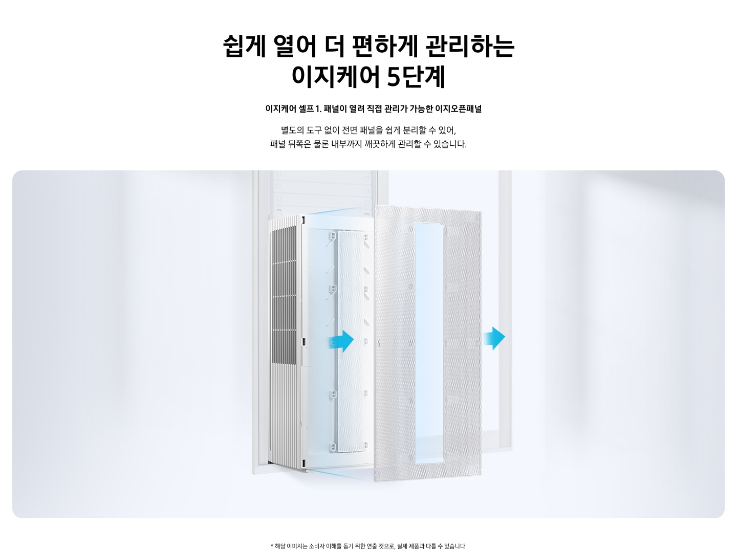 4 ) 이지케어 셀프 1. 패널이 열려 직접 관리가 가능한 이지오픈패널 - 가운데 창문에 윈도우핏 에어컨이 우측 45도로 설치 되어 있으며 정면에 있는 패널이 쉽게 열린다는것을 알려주기 위해 분리된 패널과 앞으로 빼면 빠진다는 표시의 화살표가 보여집니다.
