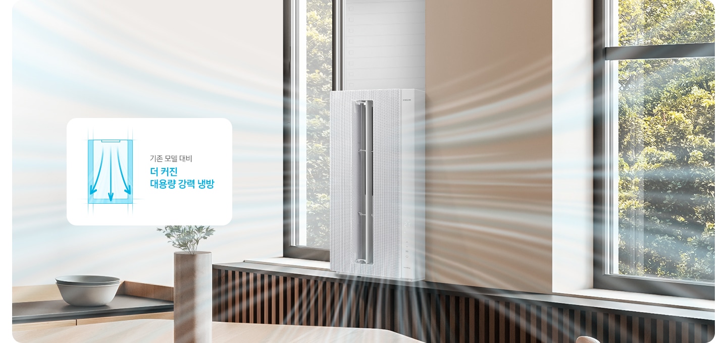 주방으로 보여지는 곳 창문에 윈도우핏 에어컨이 설치 되어있으며 에어컨 에서 좌, 우, 센터, 스윙으로 바람이 나오는 그래픽 효과를 보여줍니다. 가운데 하단 에는 식탁이 보여지며 식탁위에는 화분 하나가 보여집니다. 왼쪽 가운데에 기존 모델 대비 3㎡ 더 커진 대용량 강력냉방 을 보여주는 그림이 보여집니다.