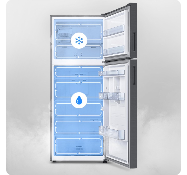 냉장고 내상컷 냉장실과 냉동실 칸 각각마다 냉기가 순환되는 화살표가 나와있는 이미지 입니다.