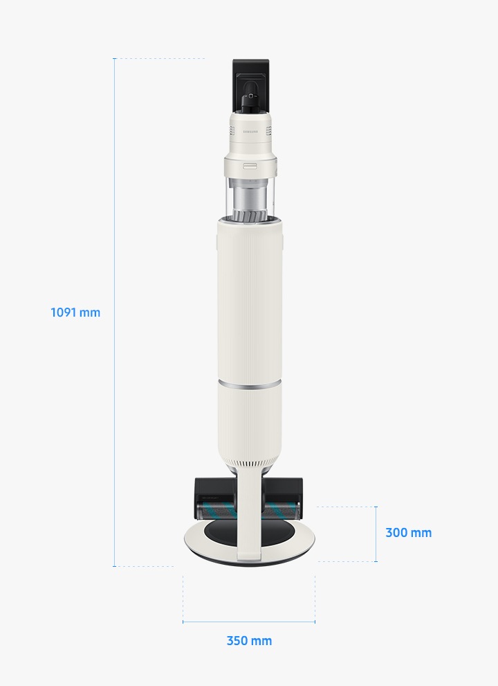BESPOKE 제트 AI가 거치 된 모습이 보여지고 가로 세로 높이 사이즈가 표시되어 있습니다.