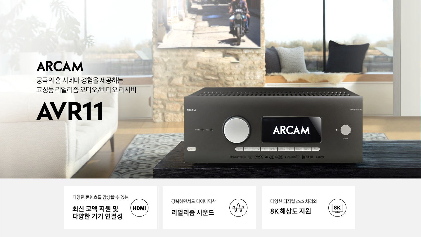 가구 위에 AVR11 AV리시버가 놓여있고, 좌측에는 궁극의 홈 시네마 경험을 제공하는 고성능 리얼리즘 오디오/비디오 리시버 텍스트가 보입니다.