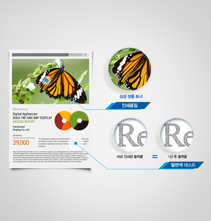 이미지 왼쪽 부분에는 나비 이미지과 영어로 작성된 글이 출력된 출력물이 보여지고 있으며 이미지 오른쪽 부분에는 정품 토너의 인쇄 품질과 탈변색 테스트 결과를 알려주는 이미지가 왼쪽에서 오른쪽으로 나열되어 있습니다.