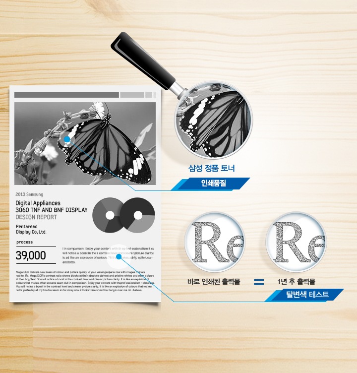 컬러로 인쇄된 출력물로 인쇄 테스트를 결과를 보여주고 있습니다. 출력된 인쇄물에는 나비 날개를 확대하여 삼성 정품 토너의 선명한 인쇄품질을 보여주고 있으며, 그 아래에는 확대한 인쇄물의 텍스트를 확대하여 1년 후에도 색이 변하지 않는 삼성 정품 토너의 탈변색 테스트를 보여주고 있습니다.
