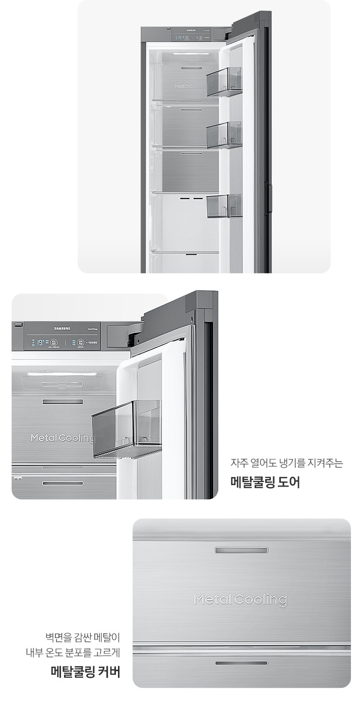 냉장고 상단 도어 오픈된 내상컷과 메탈쿨링 커버, 도어 내상컷이 확대되어 있는 이미지 입니다.