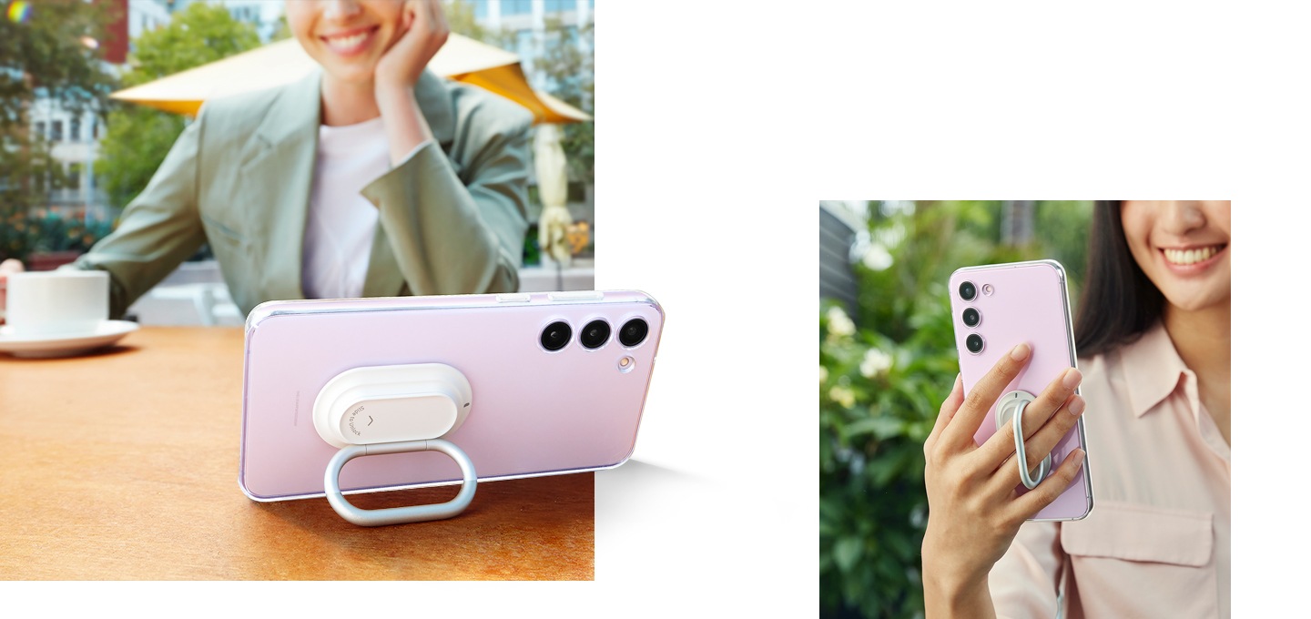 링 홀더를 사용하여 클리어 가젯 커버가 장착된 스마트폰을 세로로 들고 있는 여성이 있습니다. 링 홀더를 스탠드로 사용하여 가로로 놓은 커버의 뒷모습이 보입니다.