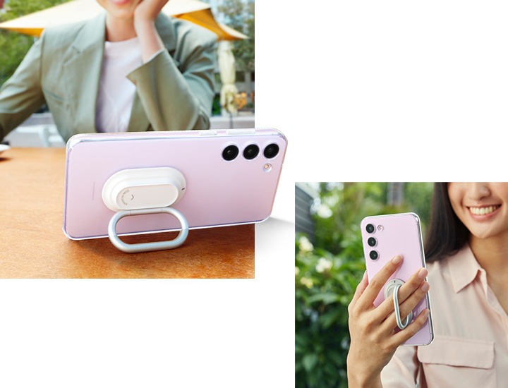 링 홀더를 사용하여 클리어 가젯 커버가 장착된 스마트폰을 세로로 들고 있는 여성이 있습니다. 링 홀더를 스탠드로 사용하여 가로로 놓은 커버의 뒷모습이 보입니다.