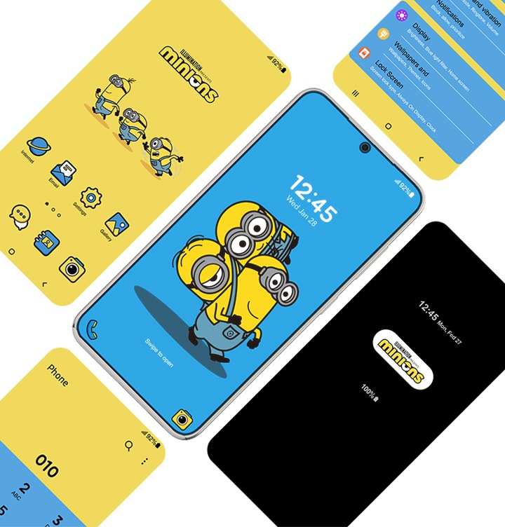 갤럭시 스마트폰에 미니언즈 테마가 적용되어 있는 정면이 보여지며 왼쪽, 오른쪽, 위쪽, 아래쪽에 각각 다른 미니언즈 테마가 보여집니다.