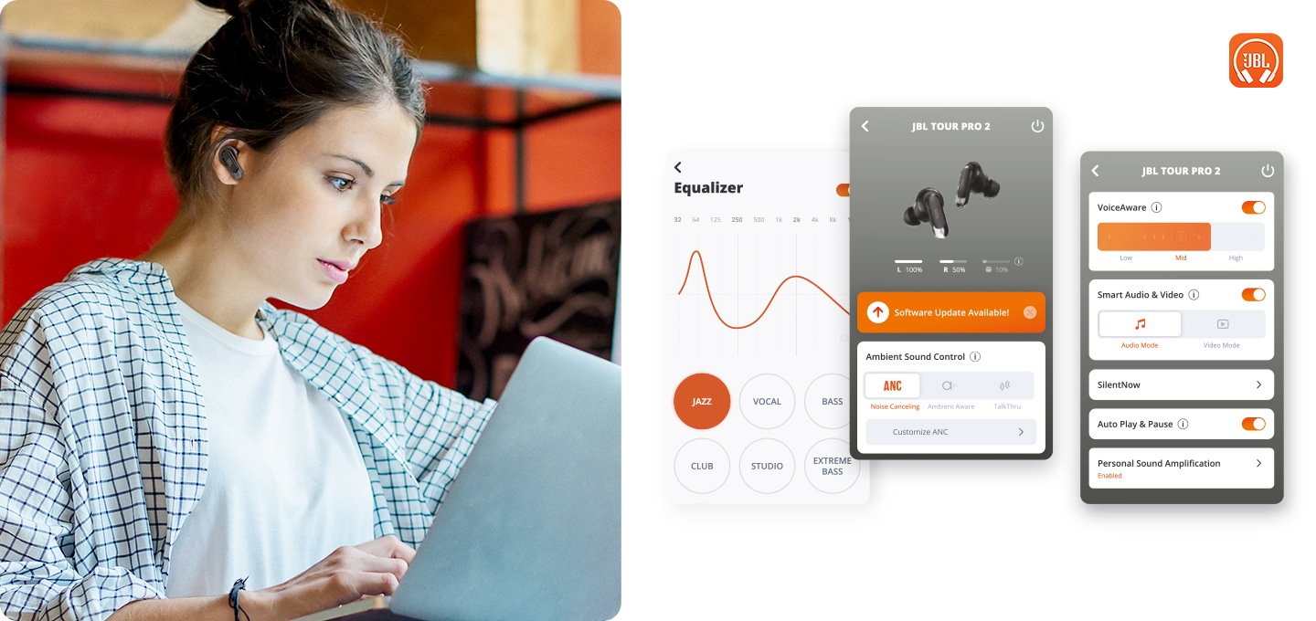좌측에는 TOUR PRO 2 제품을 착용한 여성의 모습이 보이고, 우측에는 JBL 전용 앱 아이콘과 전용앱을 통해 설정할 수 있는 기능 예시 화면이 보입니다.