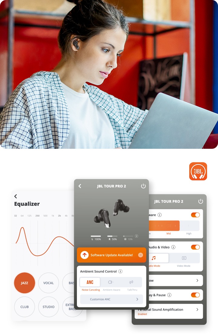 좌측에는 TOUR PRO 2 제품을 착용한 여성의 모습이 보이고, 우측에는 JBL 전용 앱 아이콘과 전용앱을 통해 설정할 수 있는 기능 예시 화면이 보입니다.