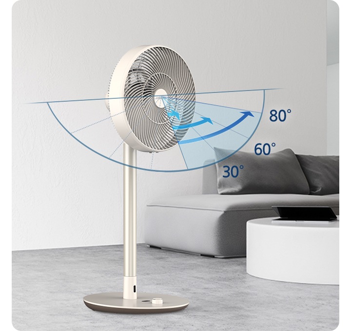 그레이톤의 소파가 있는 거실에 선풍기가 놓여져 있고 선풍기의 회전각이 표기되어 있습니다. 회전각은 총 30º, 60º, 80º 로 설정했을때의 범위를 표시하여 보여주고 있습니다.
