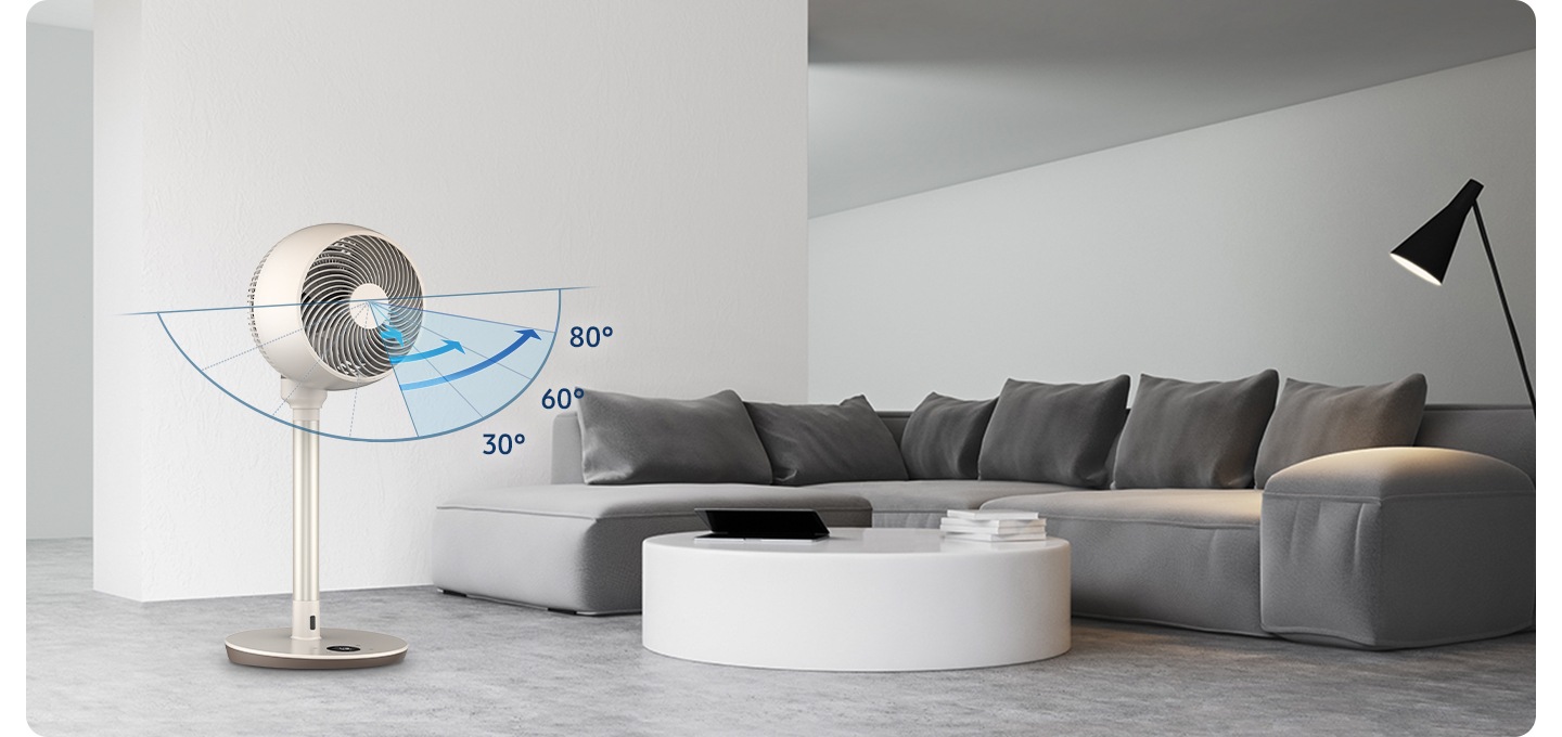 그레이톤의 소파가 있는 거실에 서큘레이터가 놓여져 있고 선풍기의 회전각이 표기되어 있습니다. 회전각은 총 30º, 60º, 80º 로 설정했을때의 범위를 표시하여 보여주고 있습니다.