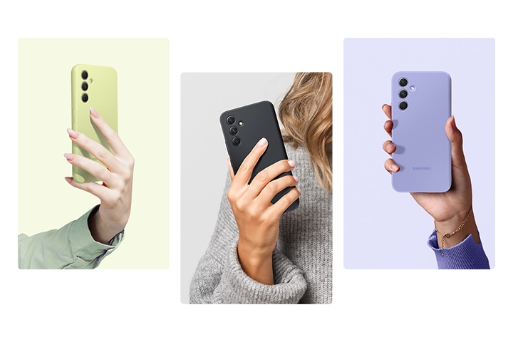 갤럭시 A54 실리콘 케이스 제품에 갤럭시 스마트폰을 장착하여 손으로 들고 있는 모습이 보여집니다. 3가지의 색상이 분할로 전부 보여지며 왼쪽부터 라임, 블랙, 블루베리가 차례대로 보여집니다.