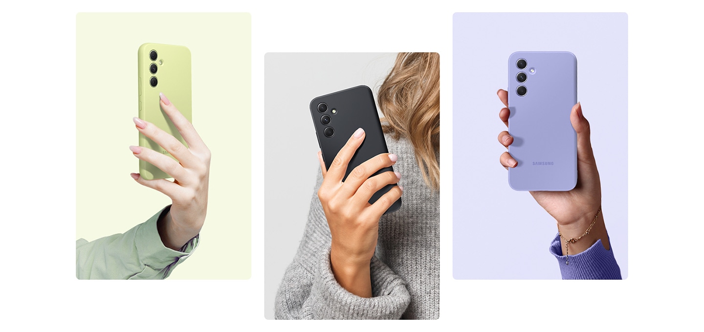 갤럭시 A54 실리콘 케이스 제품에 갤럭시 스마트폰을 장착하여 손으로 들고 있는 모습이 보여집니다. 3가지의 색상이 분할로 전부 보여지며 왼쪽부터 라임, 블랙, 블루베리가 차례대로 보여집니다.