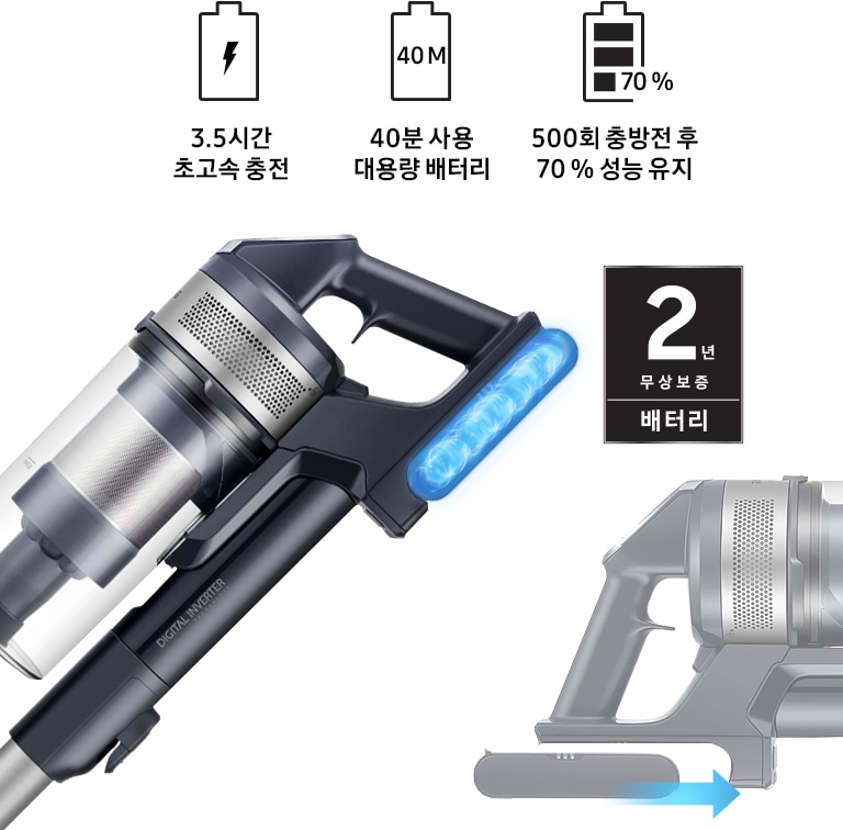 청소기 먼지통 부분이 확대되어 보여지고 배터리 성능에 대한 아이콘이 보여집니다