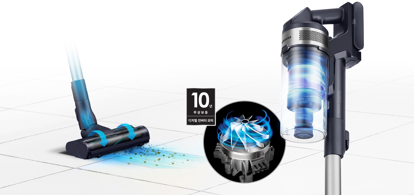 청소기 헤드가 굵은 먼지를 빨아들이고 있는 모습이 보여지고 오른쪽엔 먼지통 안, 강력한 흡입력으로 공기가 회전하고 있는 모습이 보입니다.