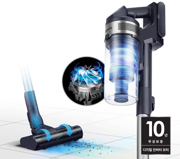 청소기 헤드가 굵은 먼지를 빨아들이고 있는 모습이 보여지고 오른쪽엔 먼지통 안, 강력한 흡입력으로 공기가 회전하고 있는 모습이 보입니다.