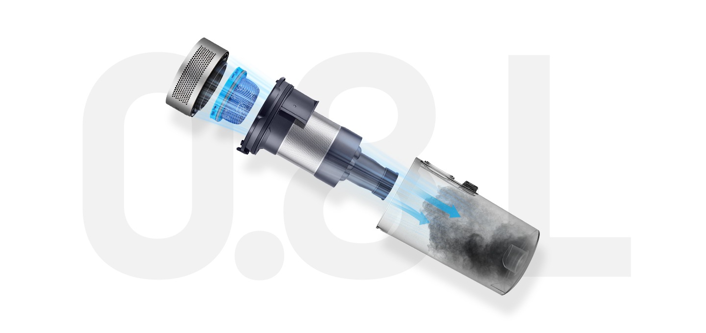 대용량 먼지통이 분리 되어 각각의 부품이 보여지고 있습니다.