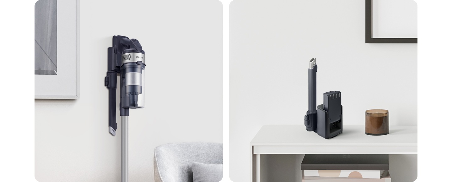 왼쪽에는 제트 150W가 벽에 거치 된 모습이 보이고 오른쪽에는 틈새 브러시와 충전기에 장착 된 배터리가 보입니다.