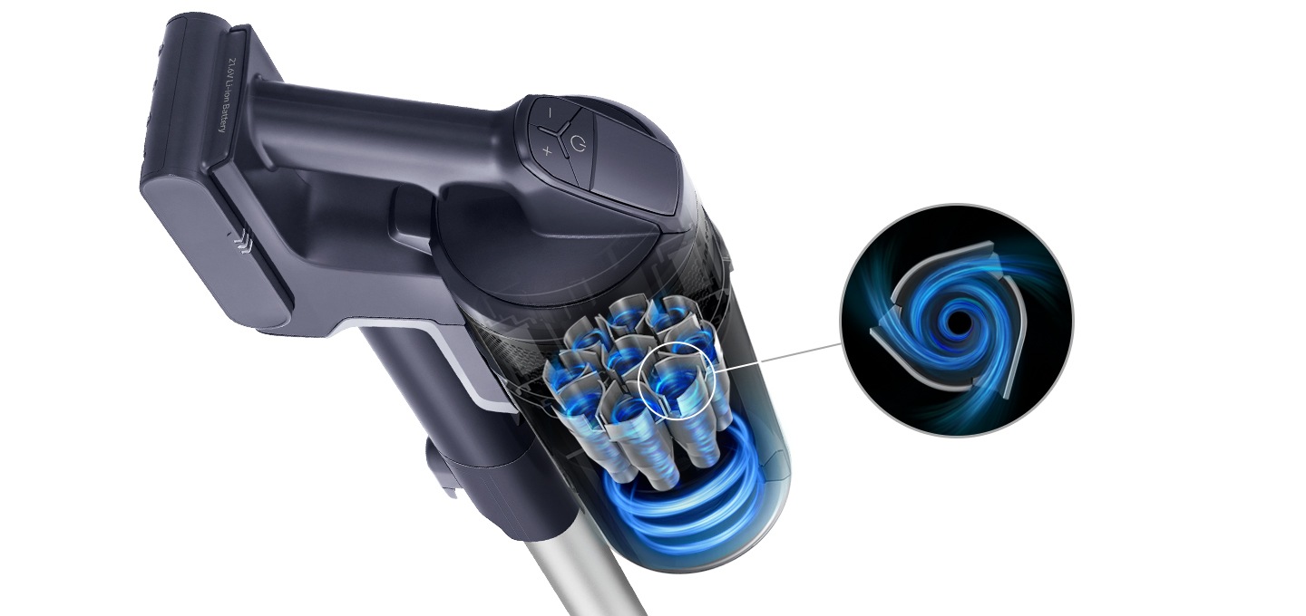 청소기 헤드가 확대되어 보여지고 그 안에 제트 싸이클론의 강력한 흡입력이 보입니다.