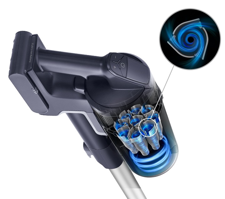 청소기 헤드가 확대되어 보여지고 그 안에 제트 싸이클론의 강력한 흡입력이 보입니다.